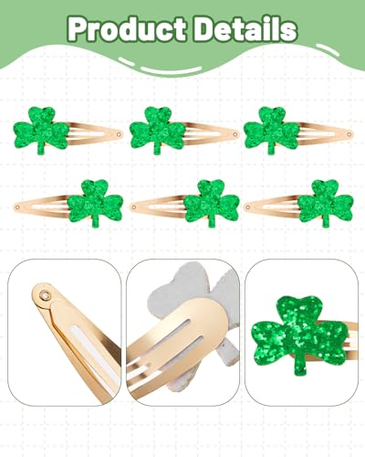 Glitter Shamrock Hair Clips Green Clover Hairpins 6 Pcs St. Patrick's Day