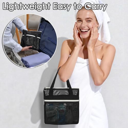 Small Black Mesh Shower Caddy with Zipper Pockets - Quick-Drying Portable Tote