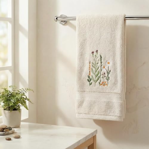 Artoid Mode 1 Pc Beige Wildflower Embroidered Cotton Hand Towel 13.7 x 29.5 Inches
