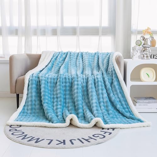 50x60 Inch Light Blue Fuzzy Camping Blanket - Thick Sherpa Plush Throw for Couch, Bed, Travel