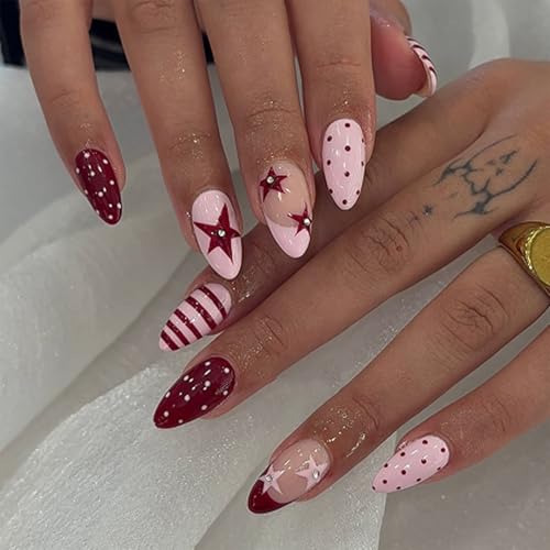 Red Polka Dot Press On Nails Medium Almond Fake Nails Y2k Star 24Pcs