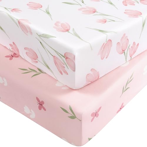 Nyessmee Fitted Crib Sheets for Baby, 2-Pack Pink Tulips, 52" x 28"