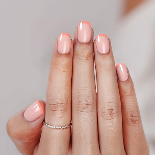 Vneffabler Short French Peach Press On Nails Glossy Square Fake Nails Kit