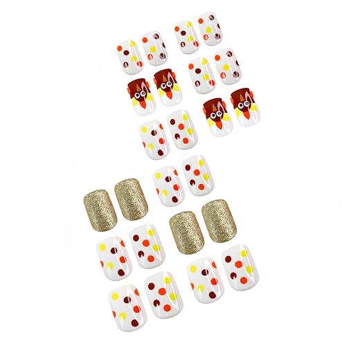 Fall Turkey Press on Nails Short Square False Nails with Gold Glitter