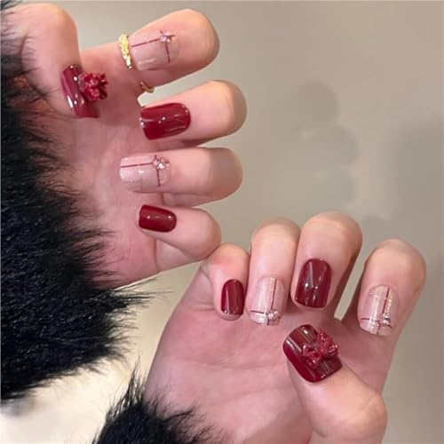 Square Short Red Press On Nails with Rhinestones and Bows 24pcs