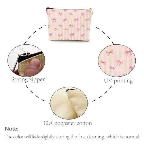Pink Bow Makeup Bag Coquette Canvas Cosmetic Pouch Travel Organizer