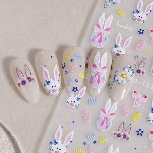 Easter Nail Art Stickers 4 Sheets - 5D Embossed Bunny & Flower Decals