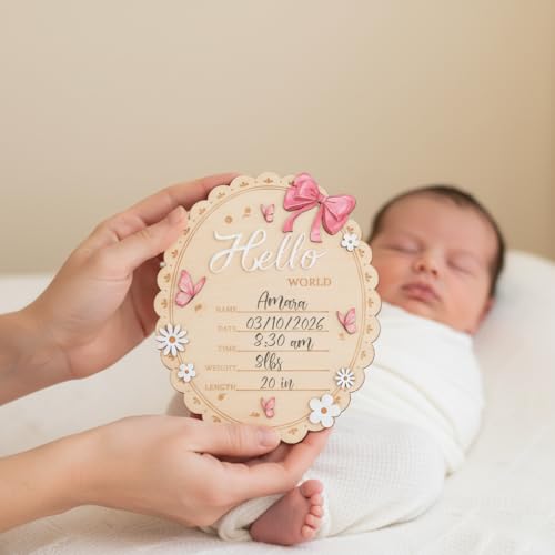 Hello World Wooden Baby Birth Announcement Sign - Oval Floral Keepsake