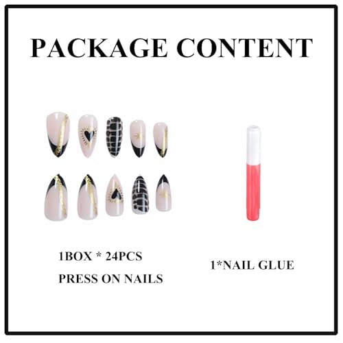 MERVF Almond Press on Nails Medium Black French Tip Gothic Fake Nails