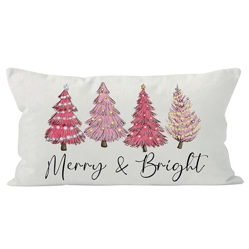 QGFM 25-Pink Christmas Pillow Cover 12x20 - Lumbar Holiday Throw Cushion