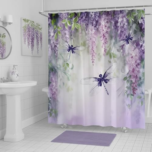 Purple Wisteria & Dragonfly Shower Curtain, 70 x 70 Inch Botanical Fabric