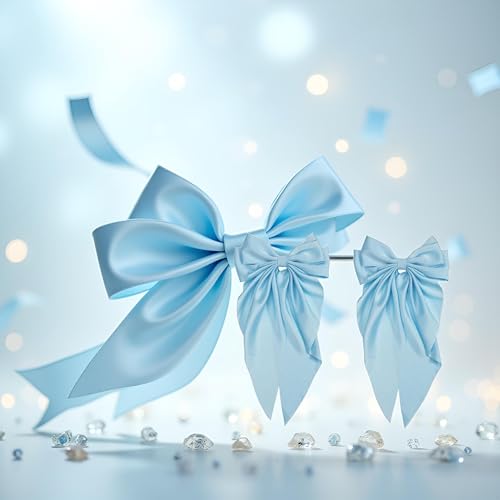 Light Blue Jumbo Silky Satin Hair Bow Barrettes with Long Tails