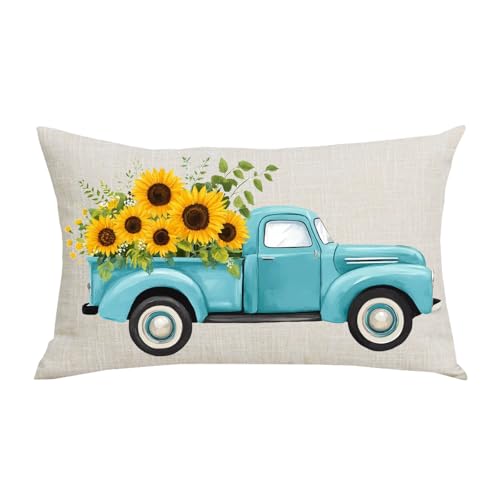 Watercolor Sunflowers Blue Truck Decorative Pillow Cover 12x20