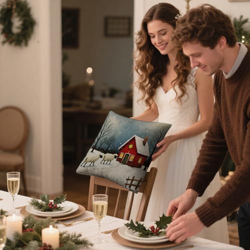 Winter Farmhouse Throw Pillow Cover 18x18 Inch - White Christmas Scene