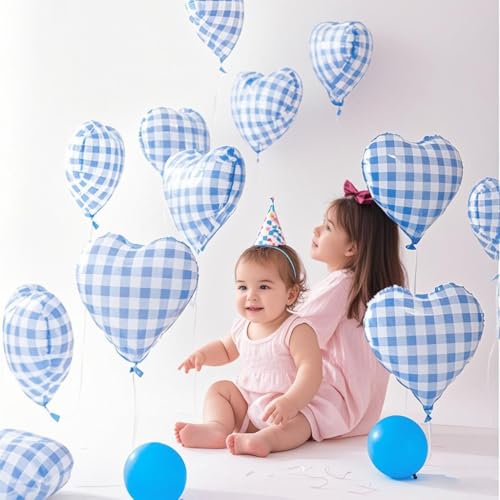 10 Pcs 18-Inch Blue Checked Heart Balloons - Pastel Gingham Foil Party Decor