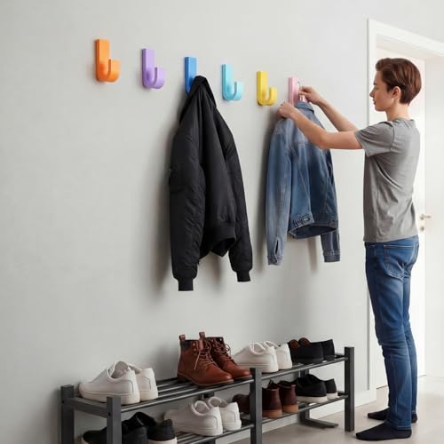 Pastel Colorful Coat Hooks - 6 Durable Wall Hooks Set