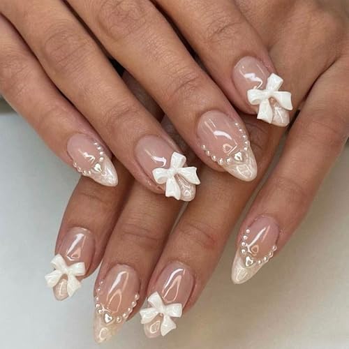 Almond Press on Nails - French Tips with Cute Bow Charms, Nude Pink Acrylic