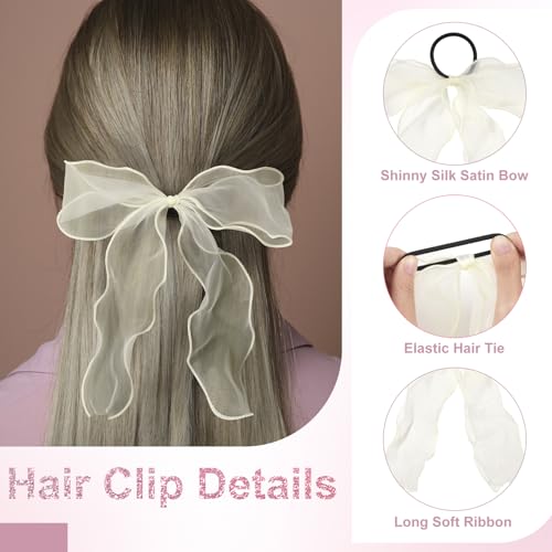 STSTR 2Pcs Large Beige Organza Hair Bow Ties, Long Tail Bowknot Scrunchies