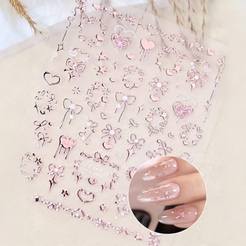 5D Embossed Valentine Nail Stickers Rose Gold Heart Bow Decals