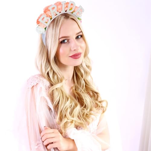 AMCAMI Bride Headband with Pearls and Pink Roses for Bachelorette Party