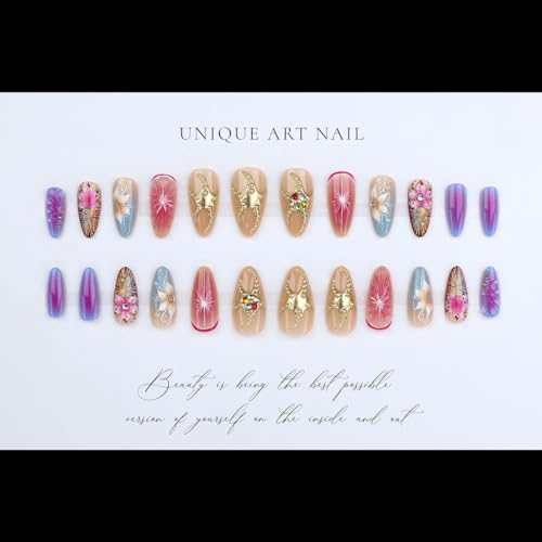 ZIFANHU Medium Almond Press on Nails 3D Flower Fake Nails Gradient Acrylic