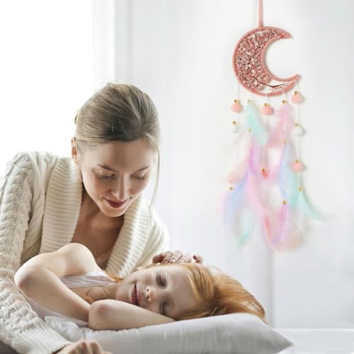 Pretty Jolly Pink Moon Dream Catcher with Crystal Stones Wall Decor