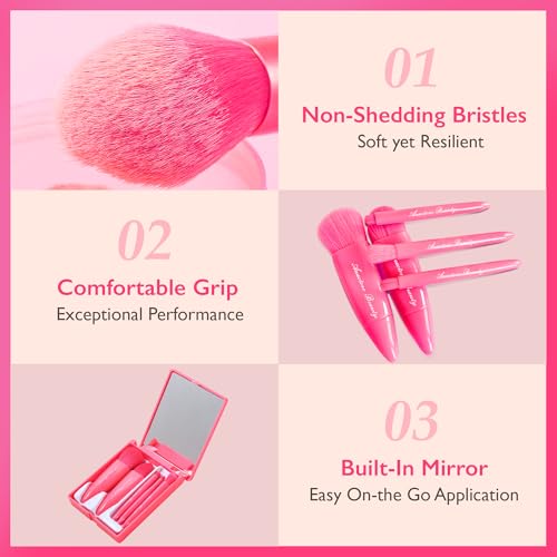 Anactoro Mini Travel Makeup Brush Set with Mirror - 5 Pcs