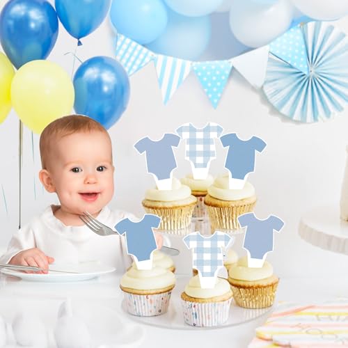 24 PCS Blue Bodysuit Cupcake Toppers for Baby Shower Party