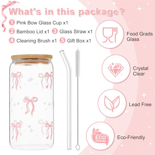 Coquette Pink Bow Glass Cup - 16oz Aesthetic Tumbler with Lid and Straw
