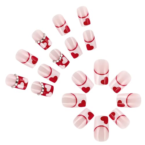 Valentine's Day Short Press On Nails Red White Heart French Fake Nails