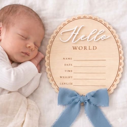 Bitaldi Blue Hello World Newborn Sign - 6 Inch Baby Birth Announcement with Bow, Nursery Decor & Photo Prop
