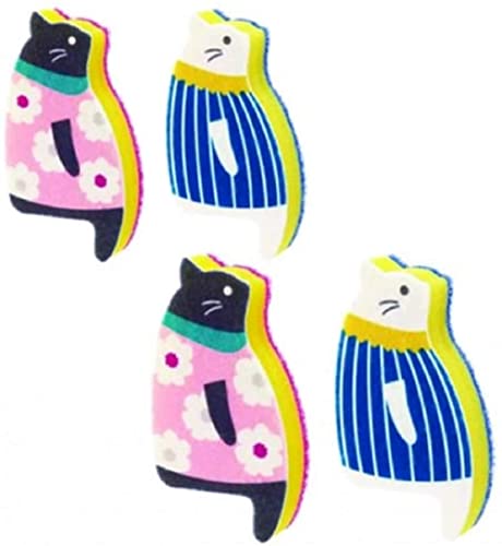 MosBug Cute Cat Dish Sponges - Non-Scratch Kitchen Scrubbers, Blue/Pink Set