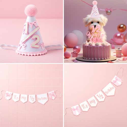 Half Birthday Decoration Set for Baby Girls with Banner, Hat & Cake Topper