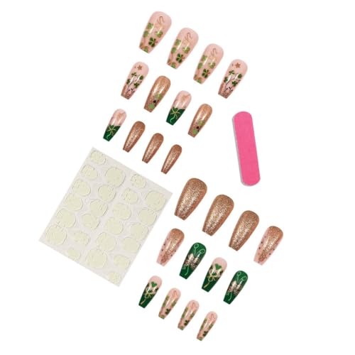 St. Patrick's Day Medium Coffin Press on Nails Green Gold Clover