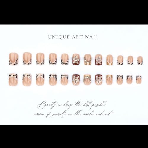 French Tip Press On Nails Short Square Nude Brown Fake Nails