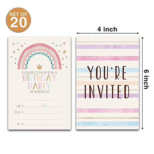 Pink Boho Rainbow Birthday Party Invitations with Envelopes, 4x6 Inches - 20 Pack