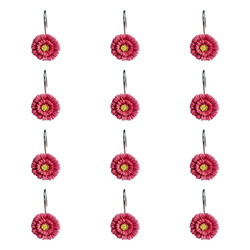 Twofishes Pink Daisy Flower Shower Curtain Hooks - Set of 12 Rust Proof