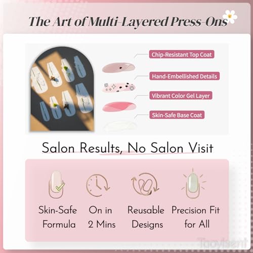 3D Cherry Blossom Press On Nails Rhinestone Almond False Nails Kit