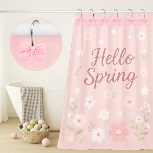 Pink Bow Shower Curtain Hooks - Set of 12 Cute Resin Bathroom Decor