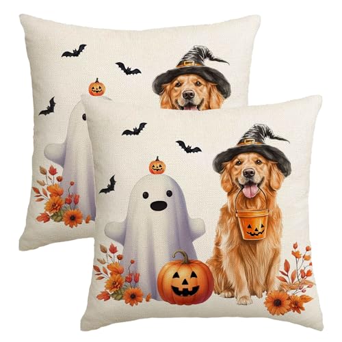 Halloween Pillow Covers Set of 2 - 18x18 Inch Ghost & Dog Decor