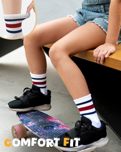 Unisex Kids Crew Cotton Socks for Girls and Boys School Uniform - Large, 3 Stripes White Set