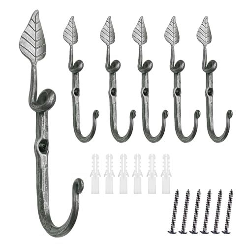 Worth Garden 6-Pack Heavy Duty Leaf-Shaped Wall Hooks - Aged Silver for Plants & Bird Feeders