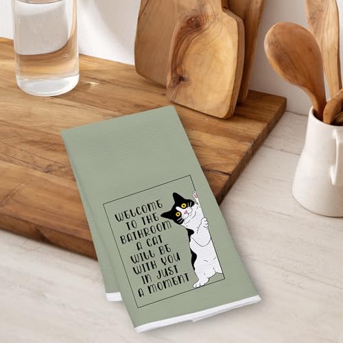 Tuxedo Cat Bathroom Hand Towel 16x24 Sage Green Decorative