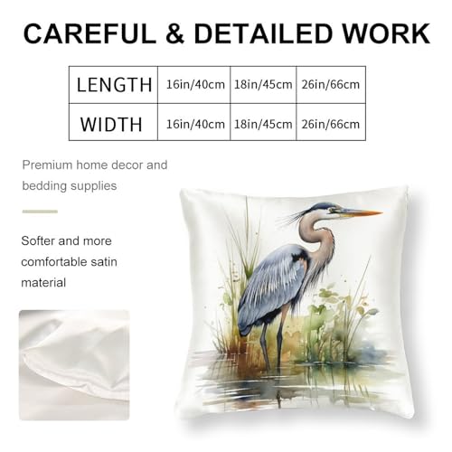 Watercolor Great Blue Heron Satin Throw Pillow Cover 18x18