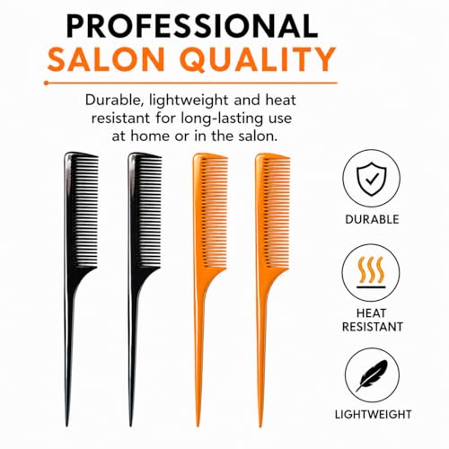 LUXXII 4 Pack Rat Tail Comb 9.25 Inch Fine Tooth Hair Styling Combs