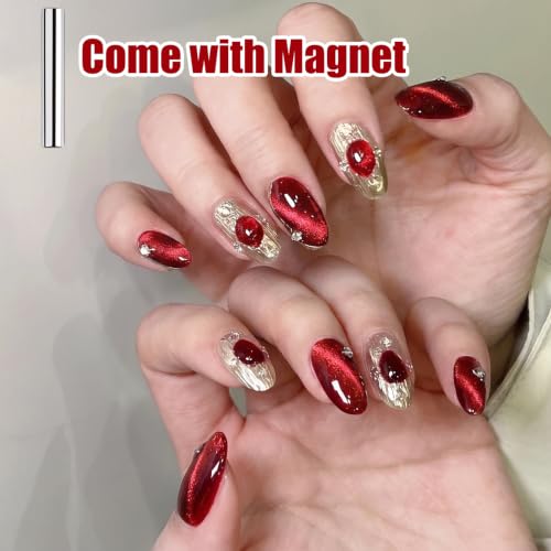 AHAMIOU Ruby Red Cat Eye Gel Polish Set with Magnetic Stick