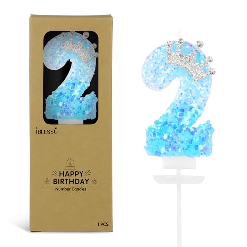 Blue Birthday Number 2 Candle with Crown Design - Princess Cake Topper