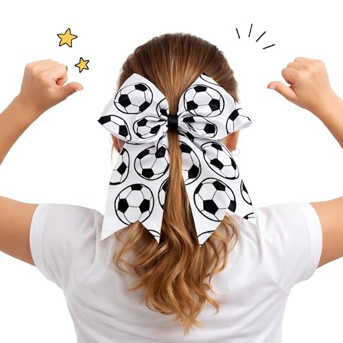 JazSwirl Soccer Hair Bow with Ponytail Holder, Black and White Grosgrain Ribbon