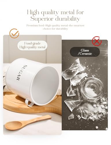 AISBUGUR Metal Sugar Bowl with Lid and Spoon, White, 15 oz Kitchen Canister