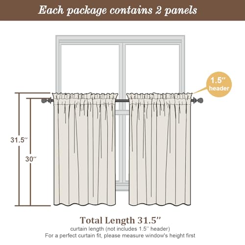 Chyhomenyc Uptown White Kitchen Curtains 30x30 Inch Pack of 2 Faux Silk Light Filtering Short Drapes for Small Windows
